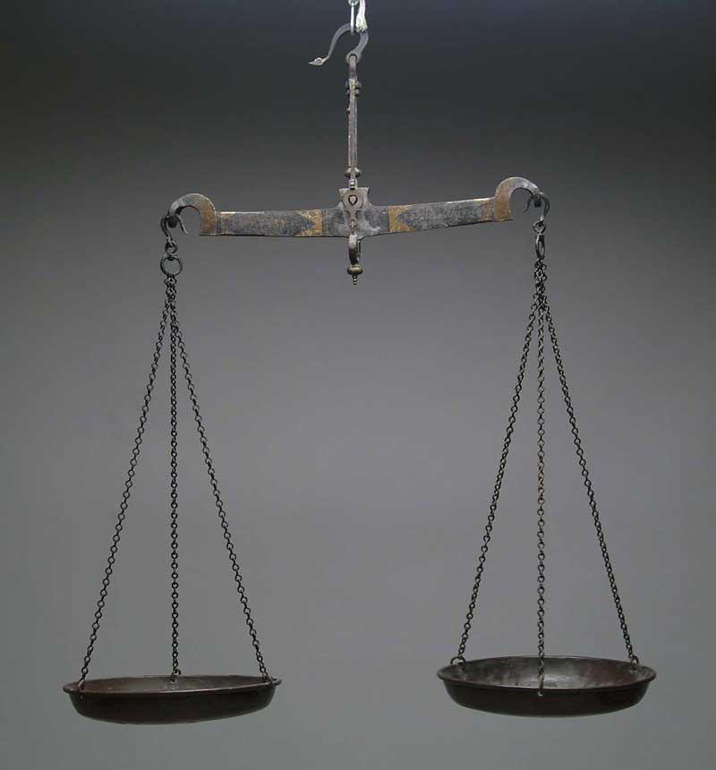 Appraisal: ANTIQUE SET OF BALANCE SCALES The hanging scale in ornate