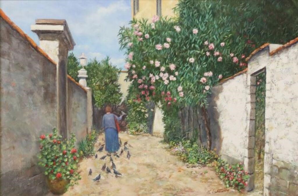 Appraisal: Framed oil on canvas painting Pigeon Feeding - Biot signed