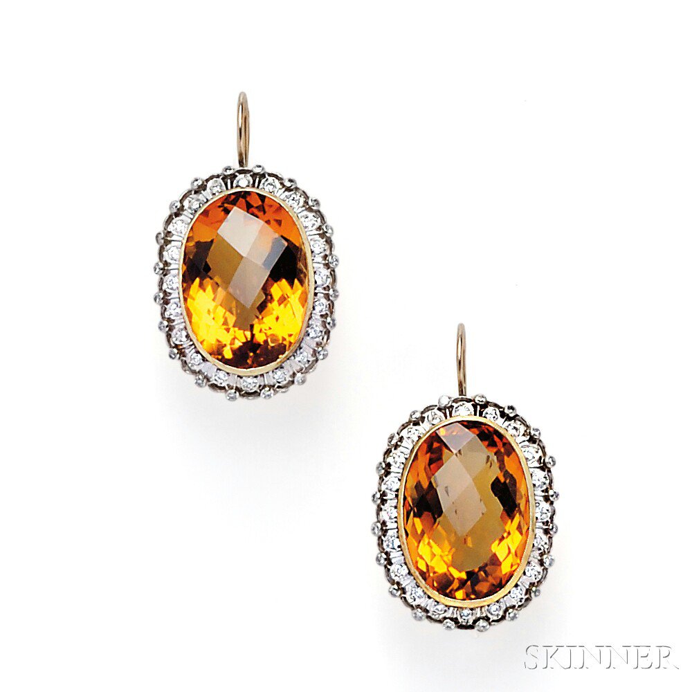 Appraisal: Citrine and Diamond Earpendants each bezel-set with an oval fancy-cut