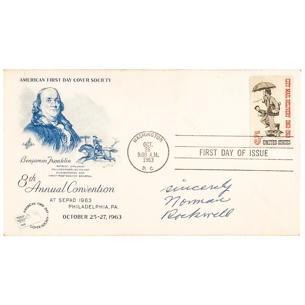 Appraisal: NORMAN ROCKWELL Signed FIRST DAY OF ISSUE Stamp Designed by