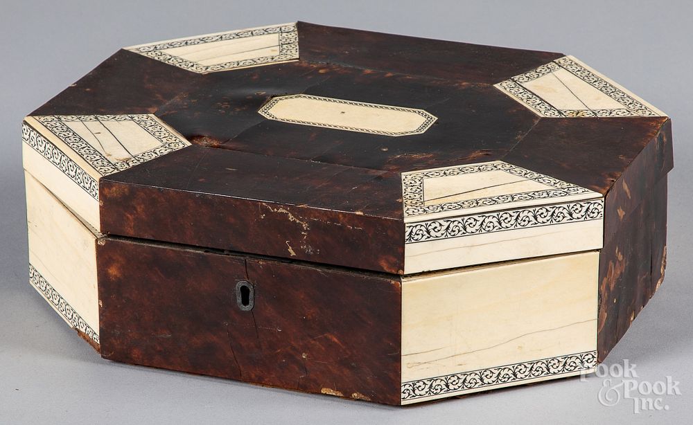 Appraisal: Bone and tortoiseshell veneer sewing box th c Bone and