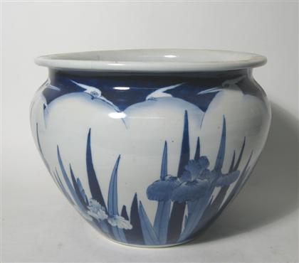 Appraisal: Chinese blue and white jardiniere th century Painted with cranes