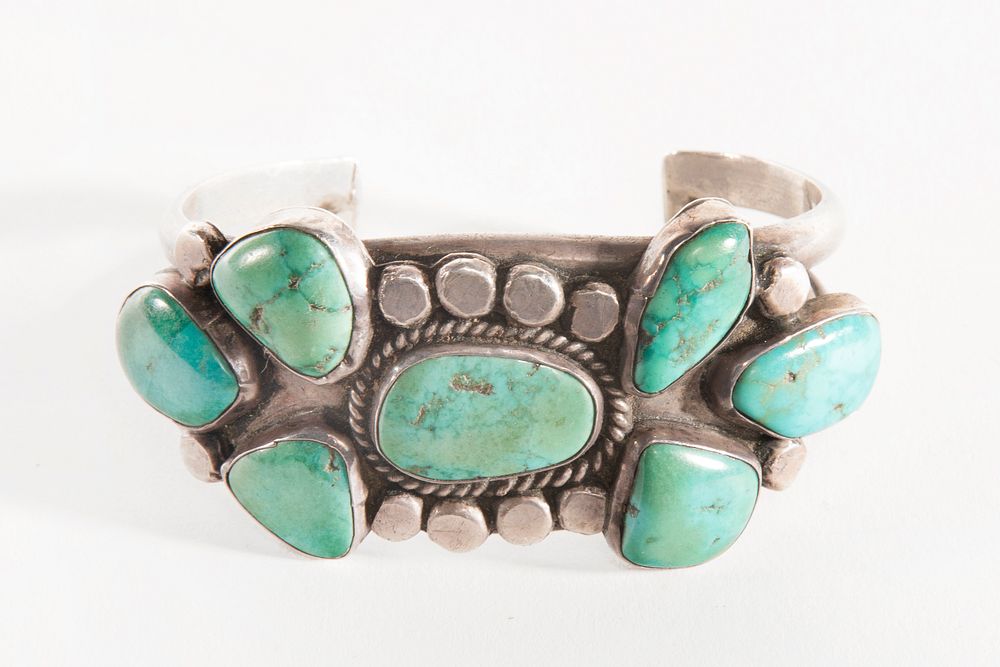 Appraisal: A Navajo Seven Stone Turquoise and Silver Cuff ca Navajo