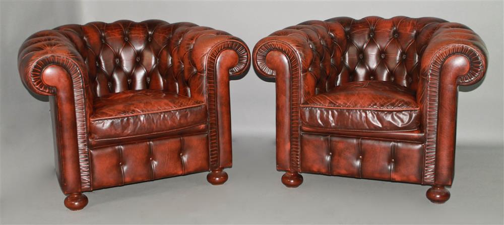 Appraisal: PAIR OF BROWN LEATHER CHESTERFIELD CLUB CHAIRS purchased in Budapest