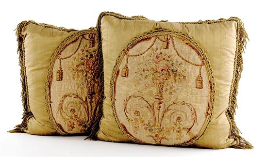 Appraisal: Pair Aubusson style needlepoint pillows th century tapestry panel filled