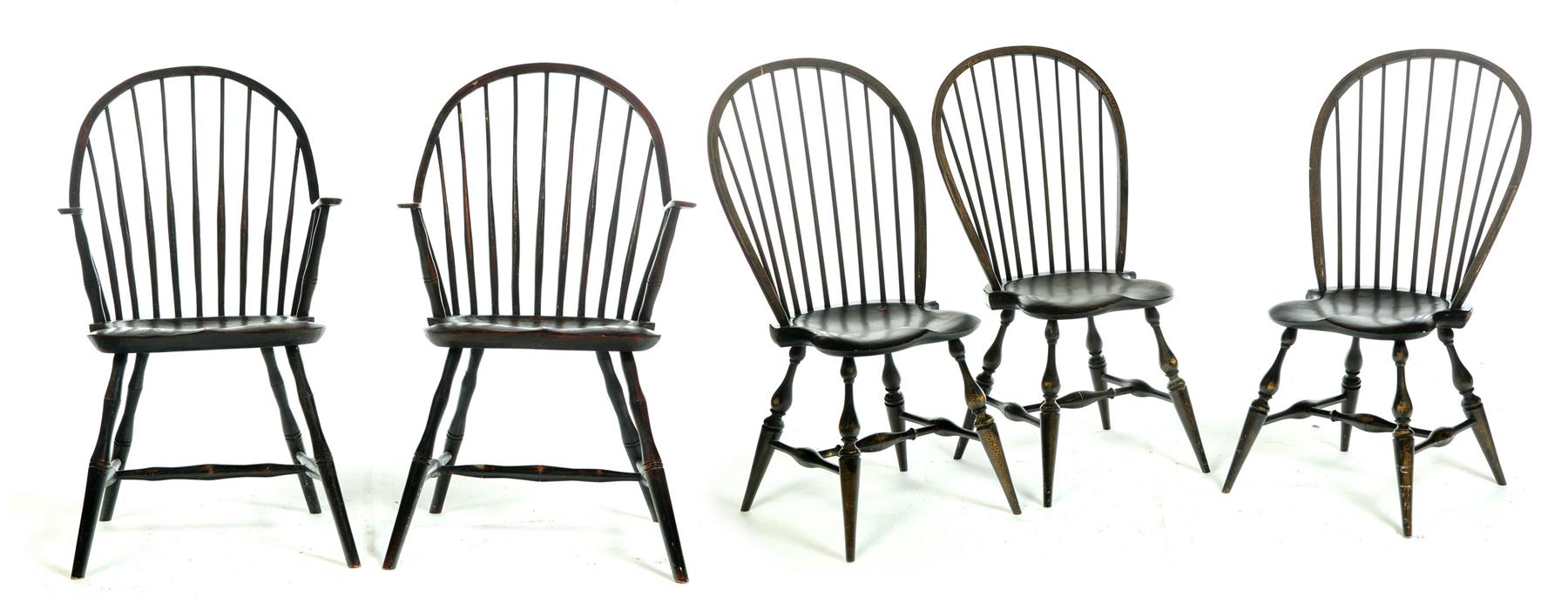 Appraisal: FIVE BLACK-PAINTED WINDSOR CHAIRS All th century mixed woods Includes