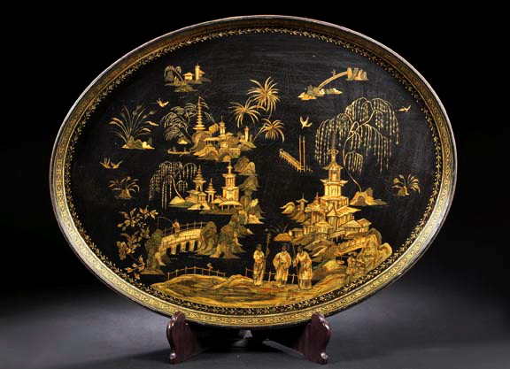 Appraisal: Large English Black-Lacquered Papier-Mache Oval Waiter third quarter th century