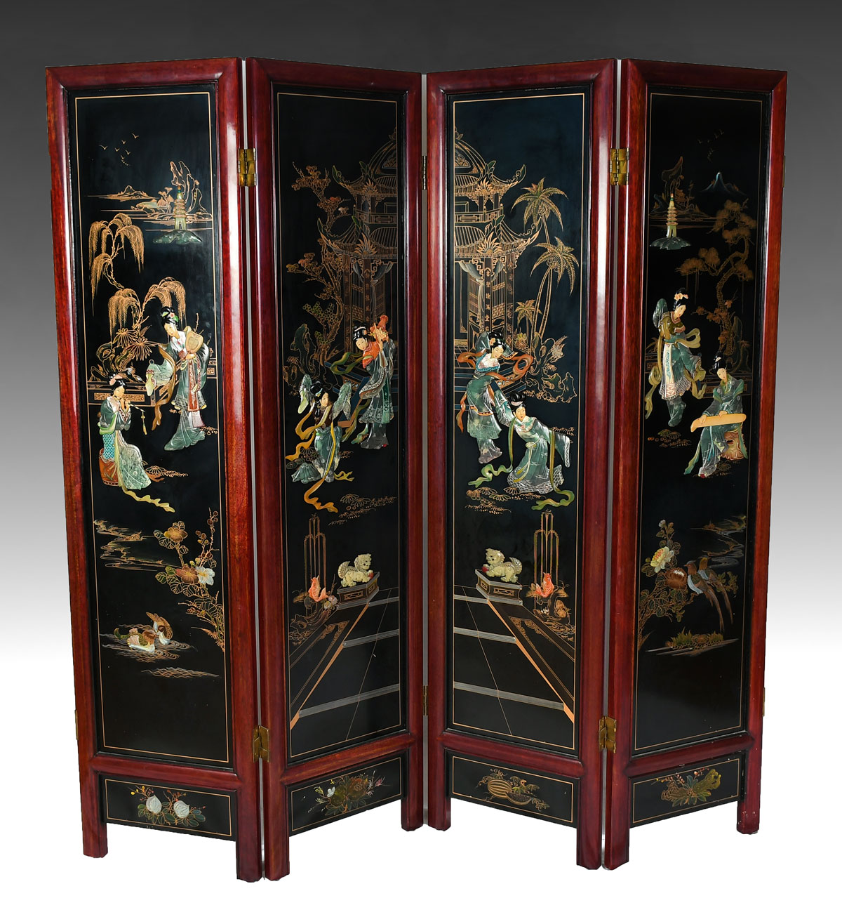 Appraisal: CHINESE FIGURAL FOUR PANEL SCREEN The observe has carved painted