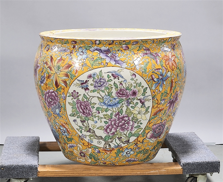 Appraisal: Chinese enameled porcelain fish bowl exterior floral and interior fish