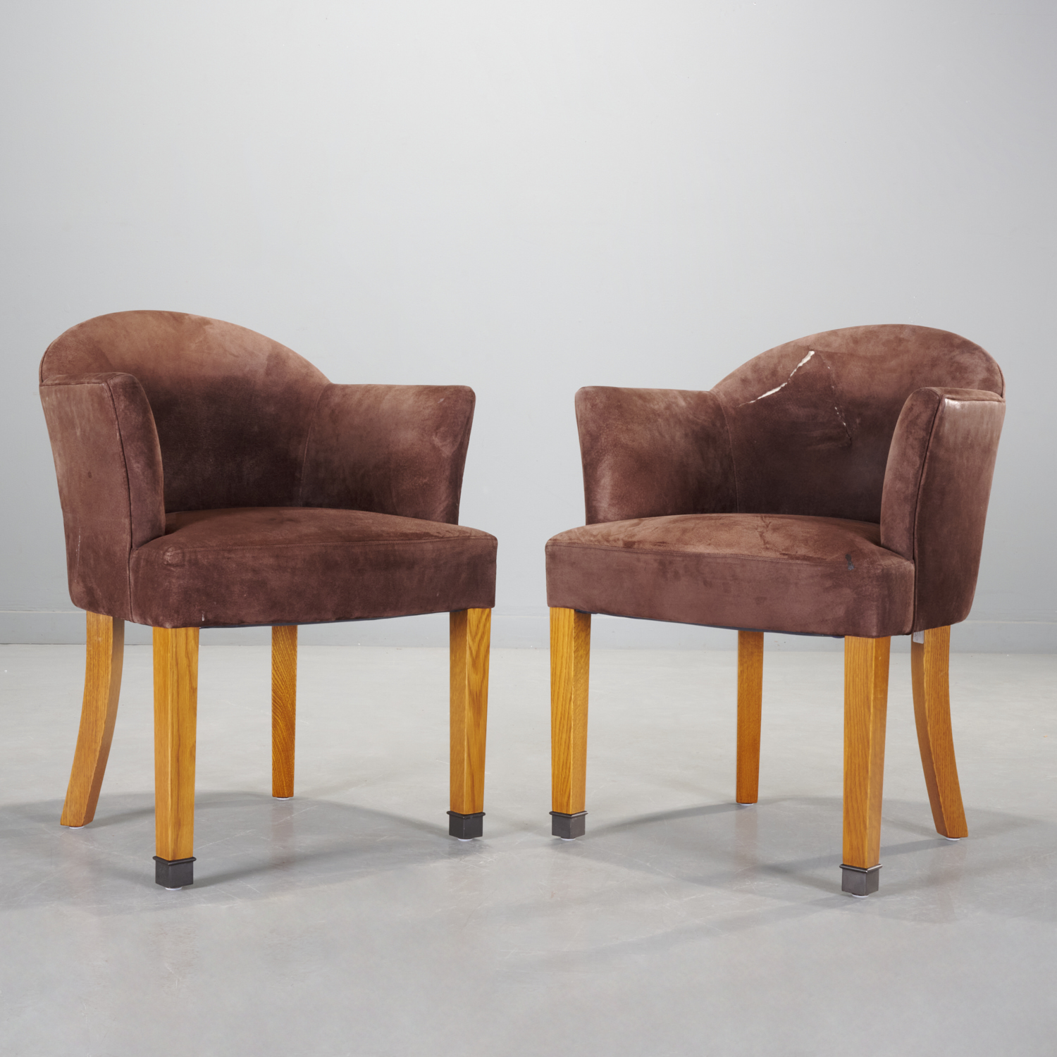 Appraisal: PAIR ART DECO STYLE SUEDE AND OAK TUB CHAIRS th