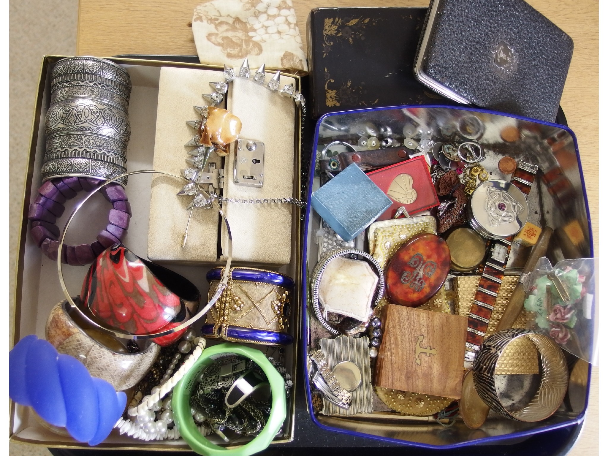 Appraisal: Two boxes of costume jewellery a silver mounted wallet boxes