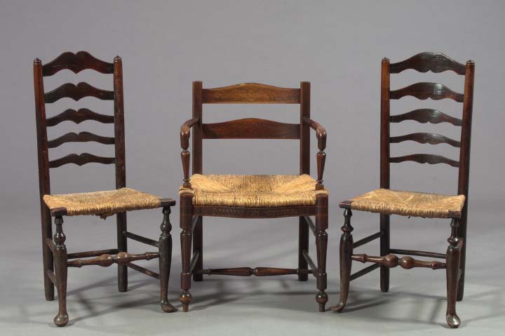 Appraisal: Pair of Early Queen Anne Rush-Seat Ladder-Back Sidechairs mid- th