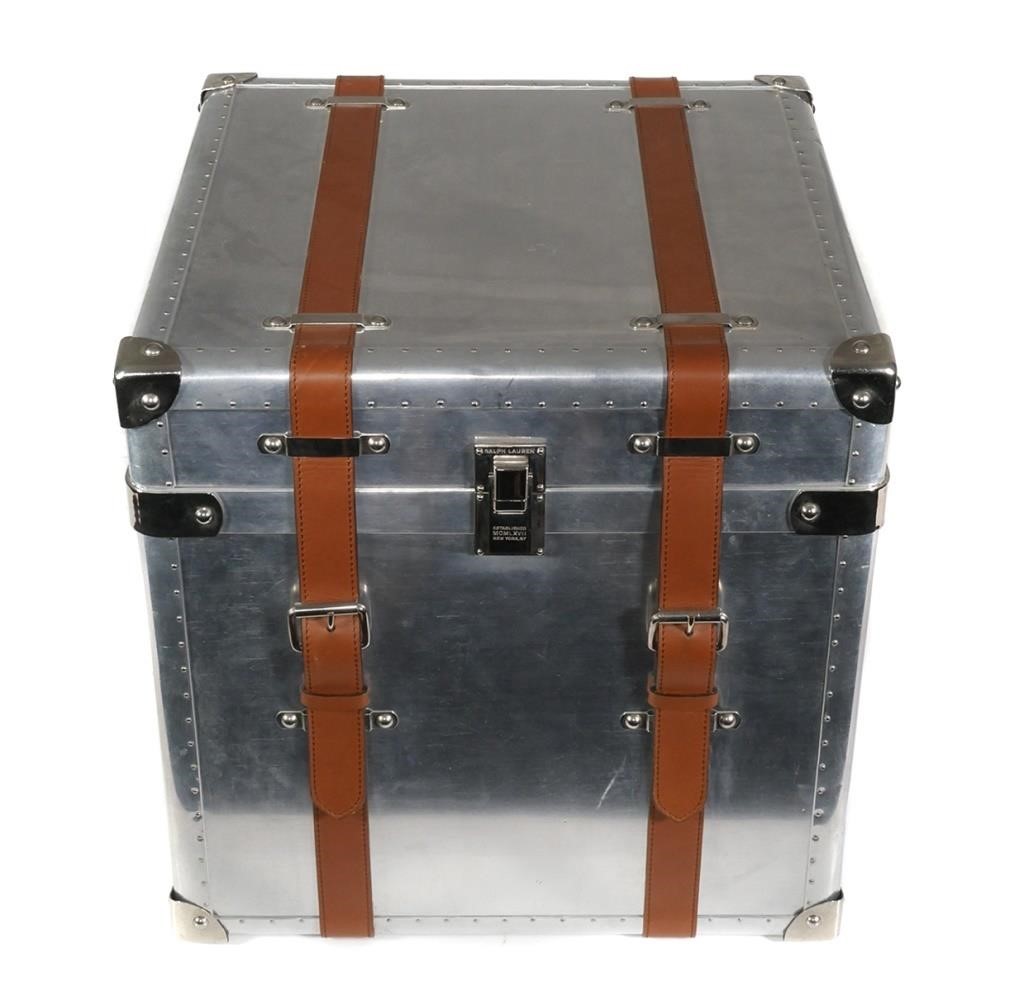 Appraisal: Chrome campaign-style trunk by Ralph Lauren with brown leather buckle