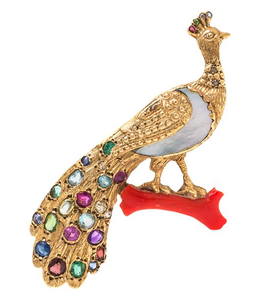 Appraisal: Sale Lot A Yellow Gold and Multigem Peacock Brooch the