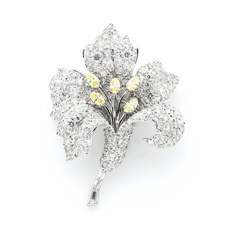 Appraisal: White Gold Diamond and Yellow Diamond Flower Brooch Estimate -