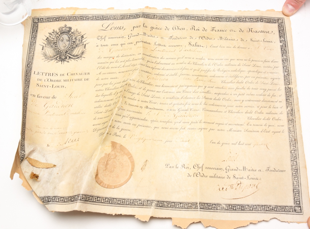 Appraisal: FRENCH DOCUMENT Dated Military Order of Saint Louis Wear fading