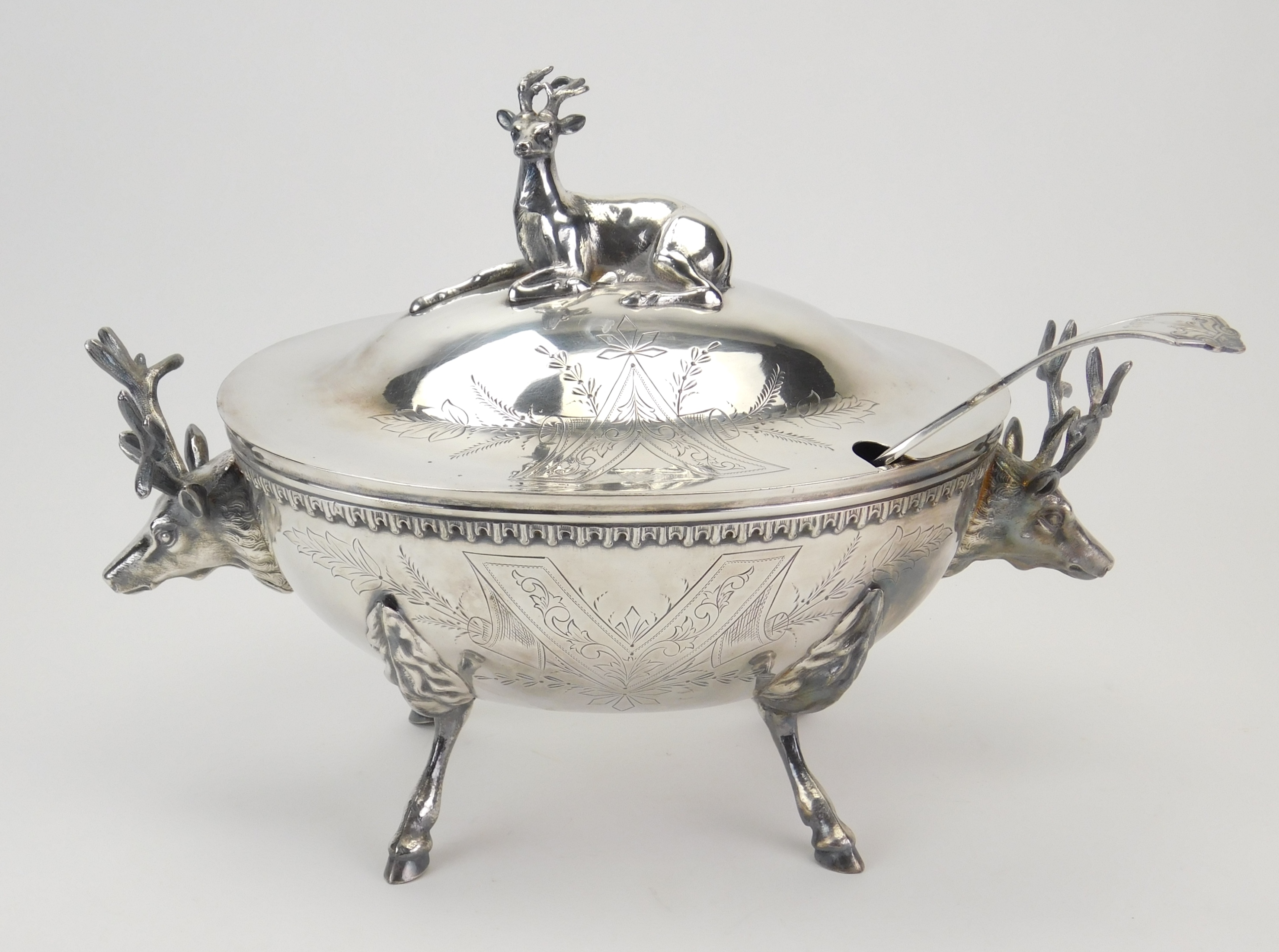 Appraisal: Victorian Aesthetic Movement Silverplate Tureen with deer head handle and