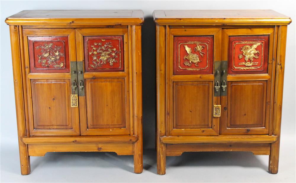 Appraisal: PAIR OF ASIAN GILT AND POLYCHROME DECORATED HARDWOOD CABINETS polychrome