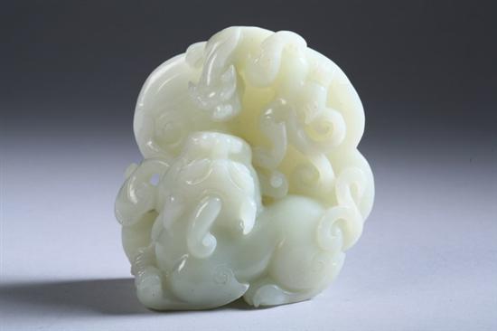 Appraisal: CHINESE CELADON JADE FIGURAL GROUP OF QILIN DRAGON AND RUYI