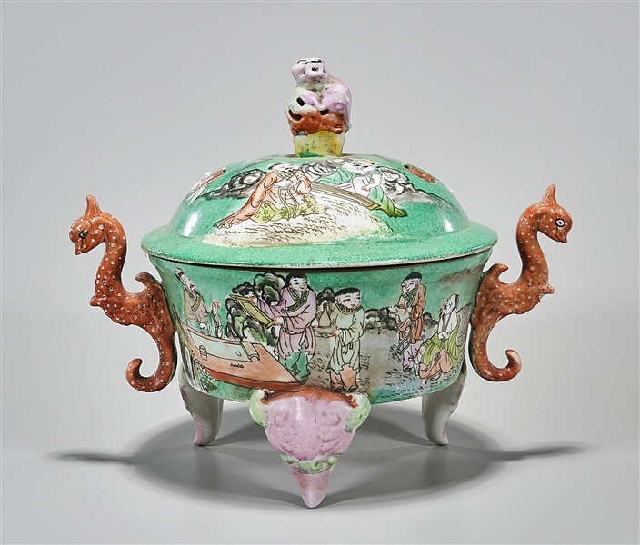 Appraisal: Chinese enameled and painted porcelain tripod covered censer depicting various