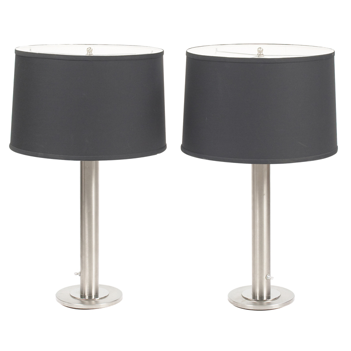 Appraisal: Nessen table lamps pair brushed steel replaced black drum shades