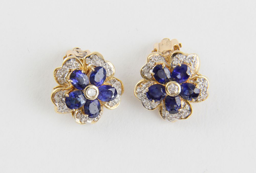 Appraisal: Pair of Blue Sapphire and Diamond Flower Earclips Pair of