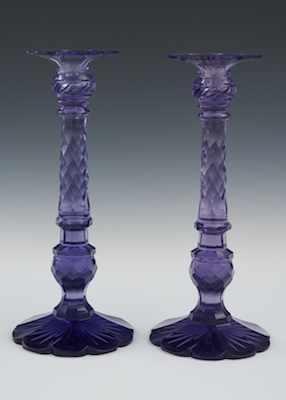 Appraisal: A Pair of Impressive Lavender Color Cut Glass Candlesticks The