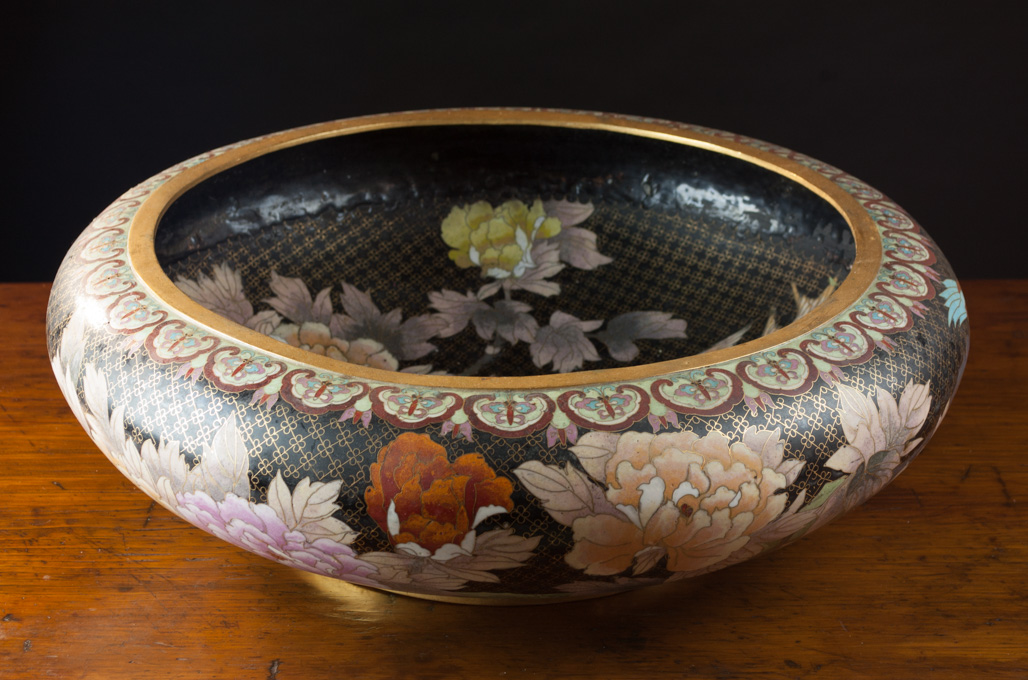 Appraisal: CHINESE CLOISONNE CENTERPIECE BOWL shallow footed bowl with concave rim