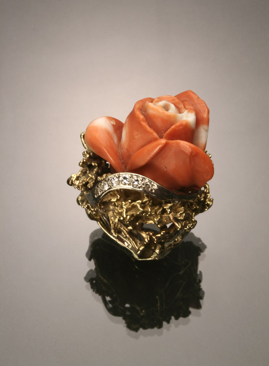 Appraisal: -Karat Yellow and White-Gold Coral and Diamond Dinner Ring Set