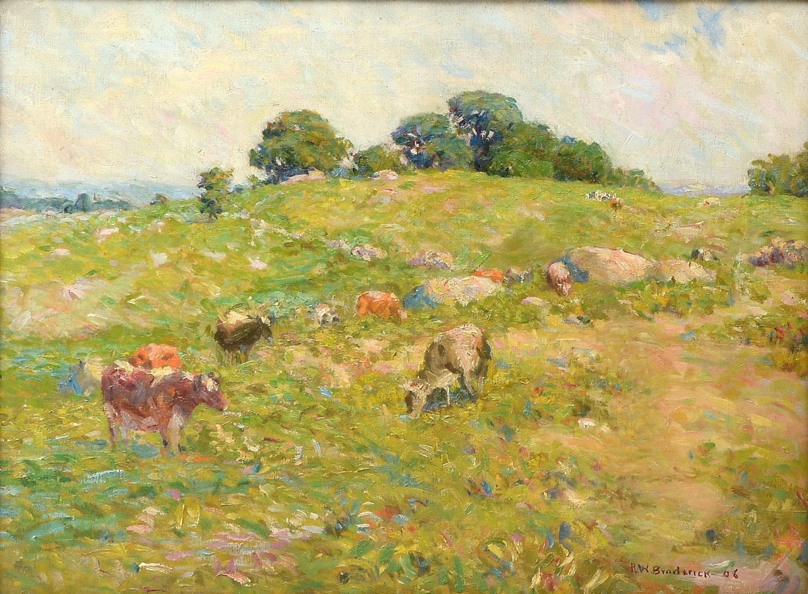 Appraisal: BRODERICK Robert W American - Impressionist Landscape with Cows Oil