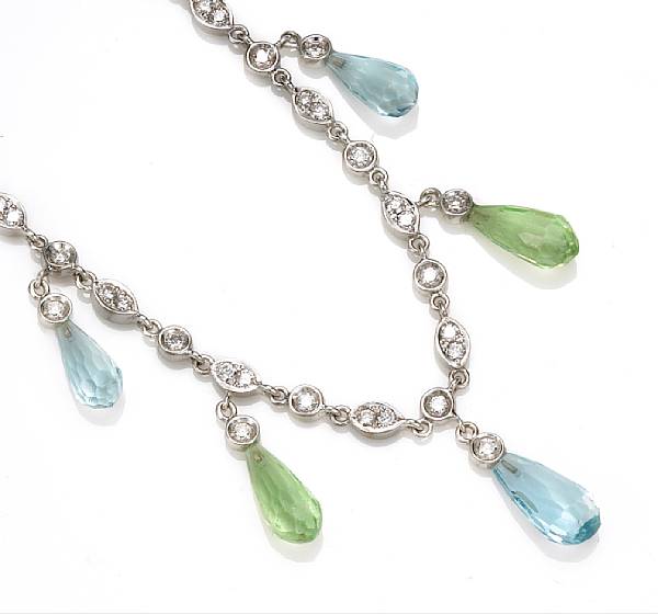 Appraisal: A diamond aquamarine and peridot necklace Gregg Ruth signed GR