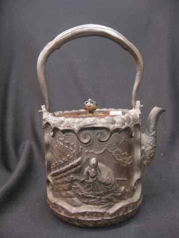 Appraisal: Chinese Bronze Iron Teapot figure landscape designs on iron body