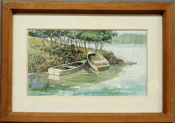 Appraisal: Original Richard Bollinger watercolor of two rowboats pulled up to