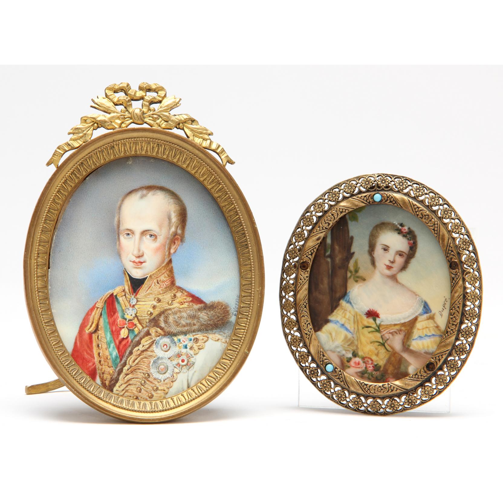 Appraisal: Two Antique Portrait Miniatures the first a watercolor and gilding