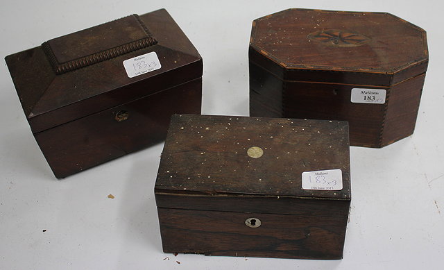 Appraisal: A GEORGIAN OCTAGONAL TEA CADDY with decorative inlay cm wide