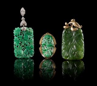 Appraisal: Three Jade and Jadeite Pendants Length of largest inches Three