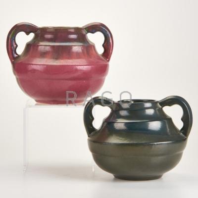 Appraisal: FULPER Pair of two-handled urns Flemington NJ s Glazed earthenware