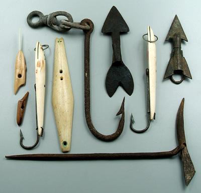 Appraisal: Nine fishing related items three harpoon points one with swivel