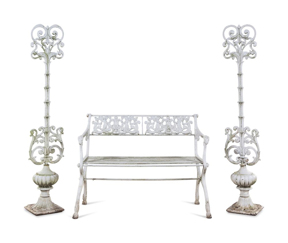 Appraisal: A White Painted Iron Garden Bench and a Pair of