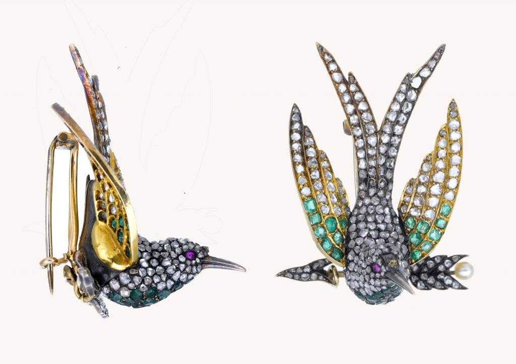 Appraisal: A FINE FRENCH EMERALD DIAMOND AND SEED PEARL SWALLOW BROOCH