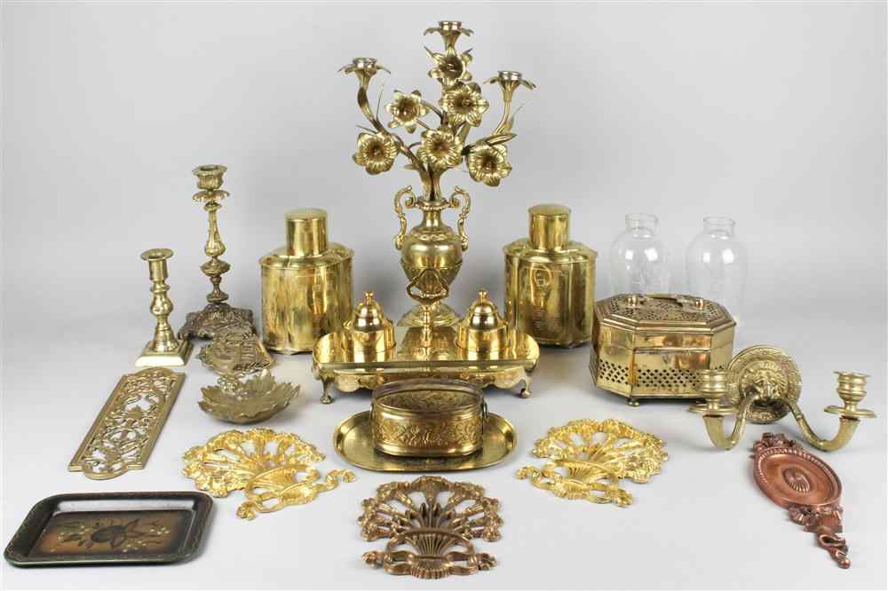 Appraisal: TWENTY-THREE VARIOUS METAL OBJECTS including a brass three light candelabrum