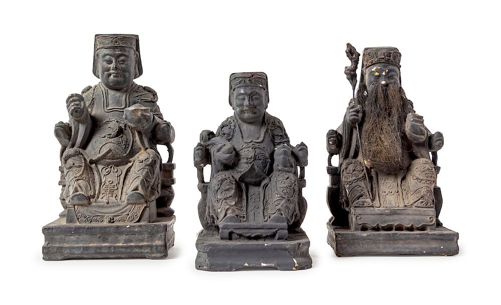 Appraisal: Three Carved Wood Figures of Immortals Tallest height in cm