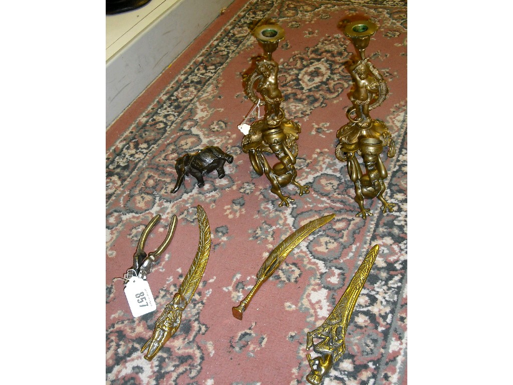 Appraisal: Various metalware including a pair of brass ornate figural candlesticks