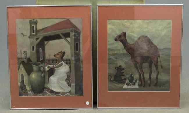 Appraisal: Pair pastels folky subjects with mice and camel Sight ''