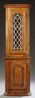 Appraisal: French Provincial Carved Oak Colored Glass Corner Cabinet th c