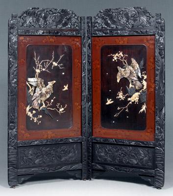 Appraisal: Japanese two-panel screen carved borders of phoenixes prunus birds lacquered