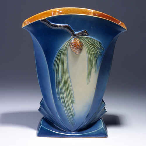 Appraisal: ROSEVILLE Blue Pine Cone fan vase - Tight line to