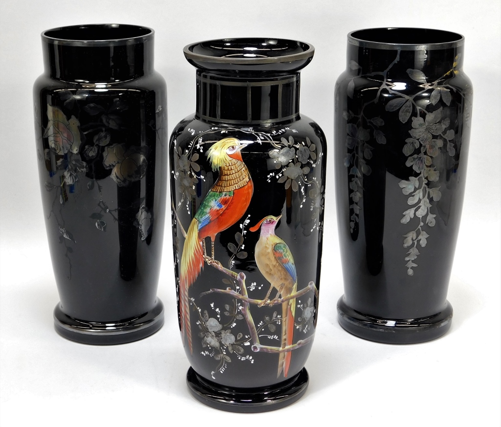 Appraisal: BLACK ENAMELED BOHEMIAN ART GLASS VASES Bohemia th CenturyLot includes