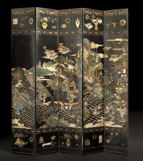 Appraisal: Chinese Five-Panel Coromandel Screen th century decorated with a central