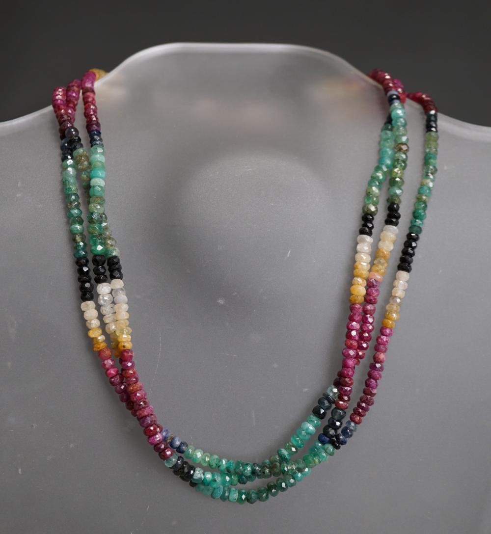 Appraisal: STERLING SILVER EMERALD RUBY AND WHITE SAPPHIRE TRIPLE STRAND NECKLACE